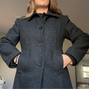 Long Wool Classic Pea Coat Charcoal Gray Warm Smart Casual Layering Scandi Girl
